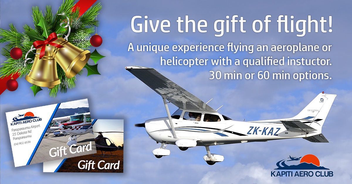 Looking for a fantastic Christmas gift idea for friends or family? Kapiti Aero Club offers trial flight vouchers for both fixed wing and helicopter, as well as aerobatics. Our gift cards are available to buy online 24/7 https://www.kapitiaeroclub.co.nz/gift-vouchers/